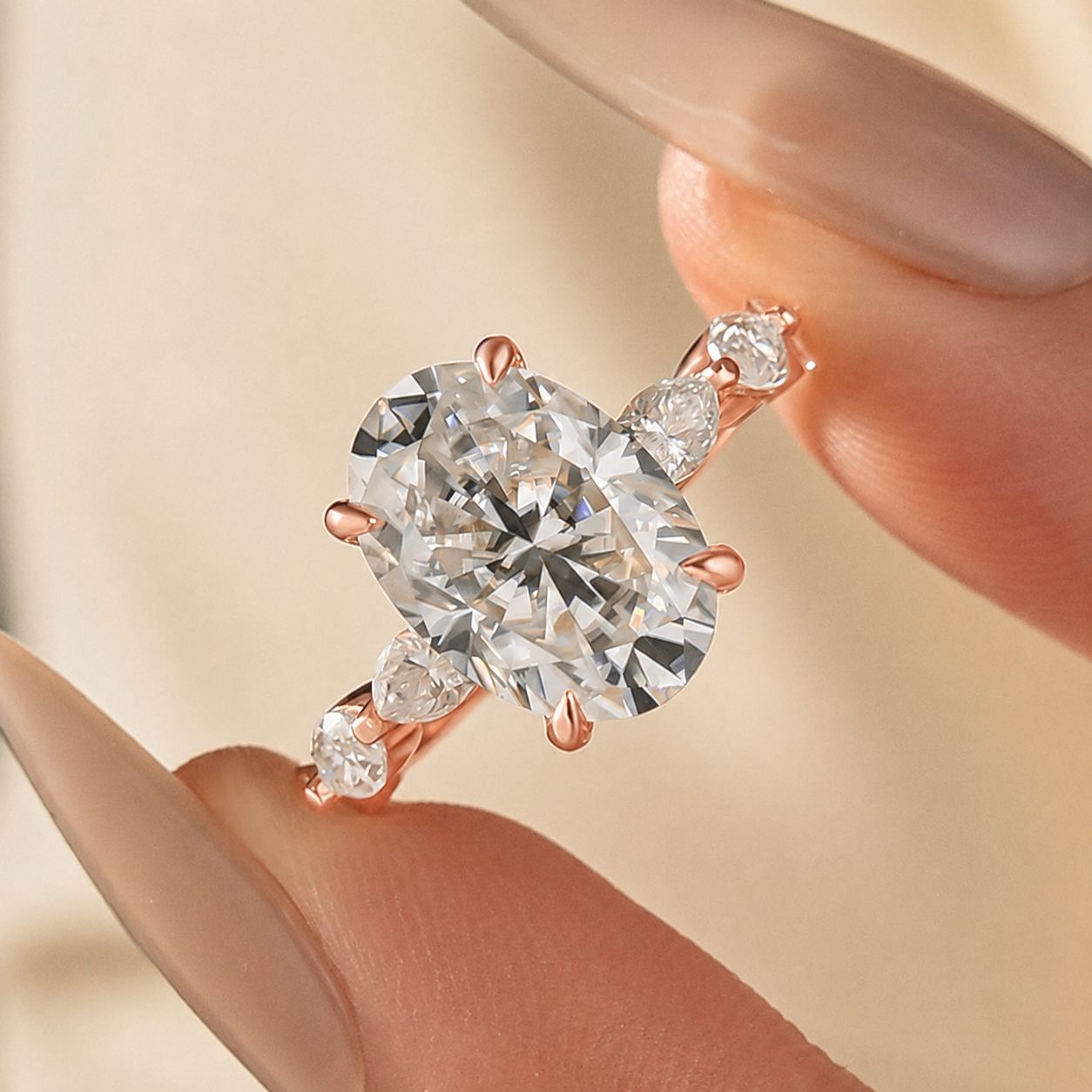 Moissanite 5.5Ct Oval Cut with 1.5Ct Side Stone Marquise Cut Engagement Ring in S925 Sterling Silver