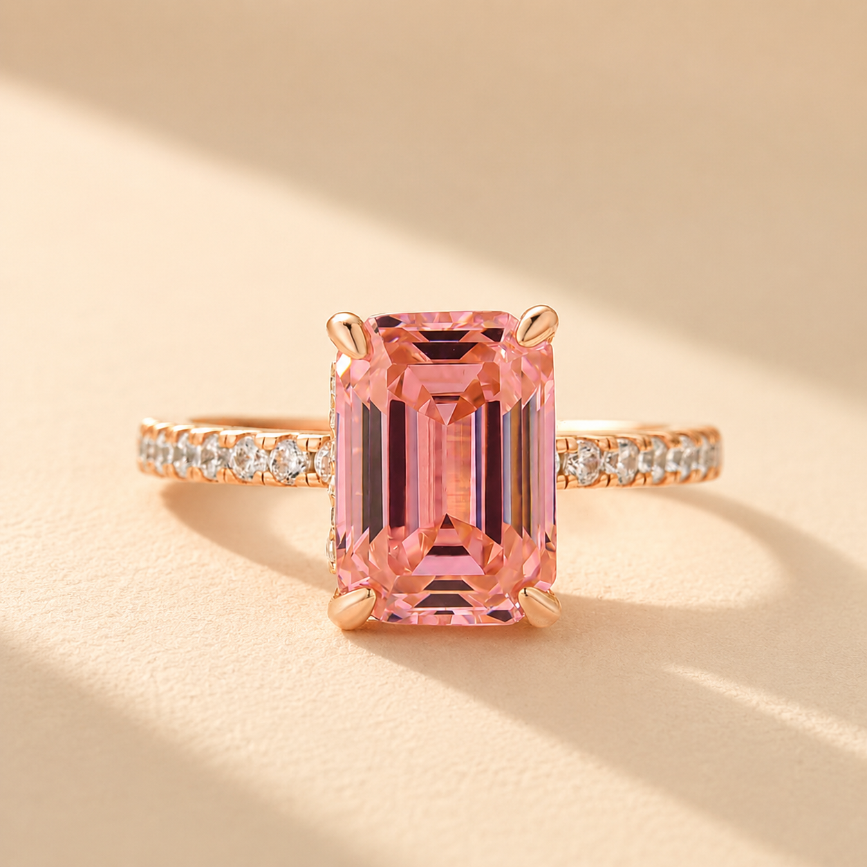 S925 Champagne Gold Plated 3.5Ct Pink Emerald Cut Everyday Wearable Ring For Women
