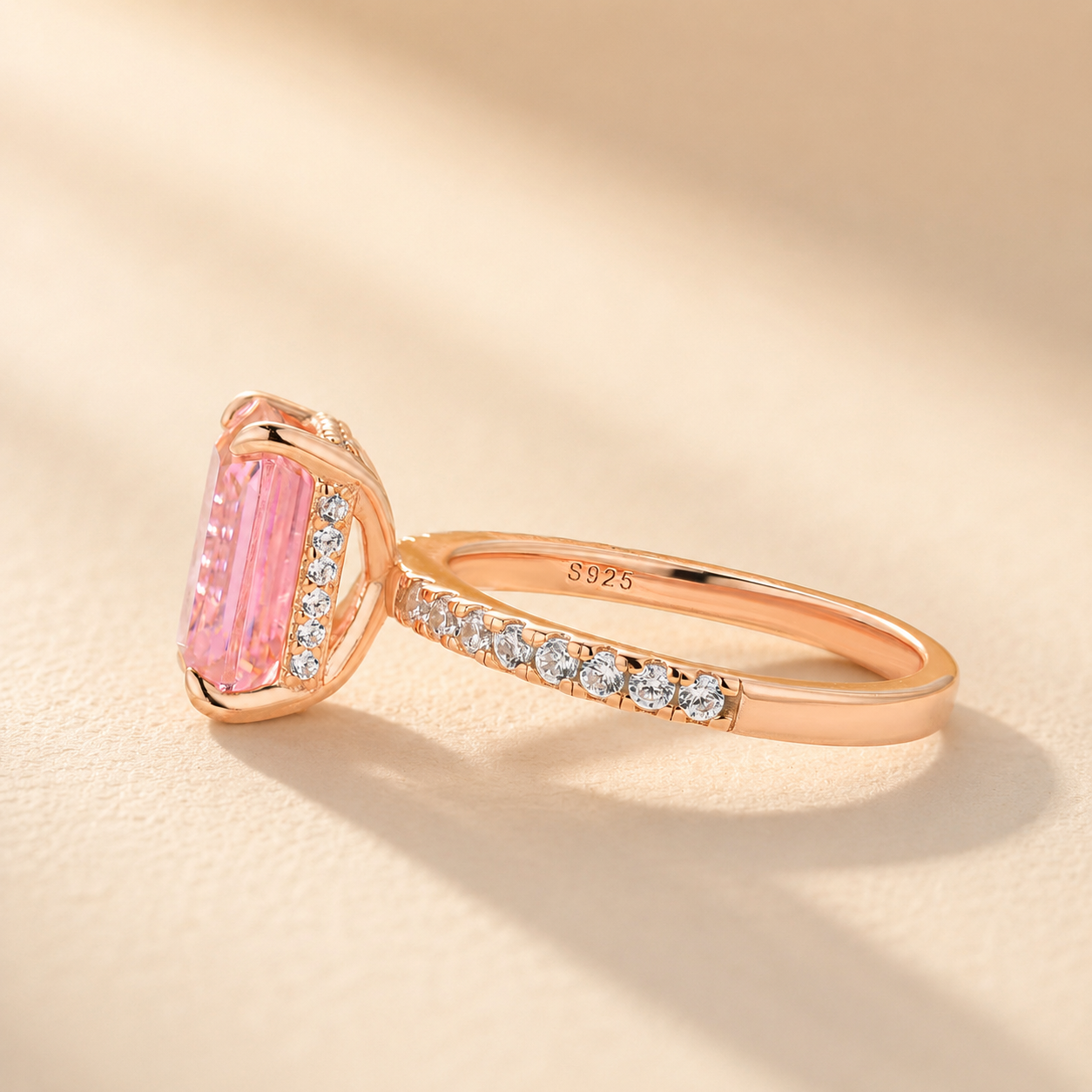 S925 Champagne Gold Plated 3.5Ct Pink Emerald Cut Everyday Wearable Ring For Women