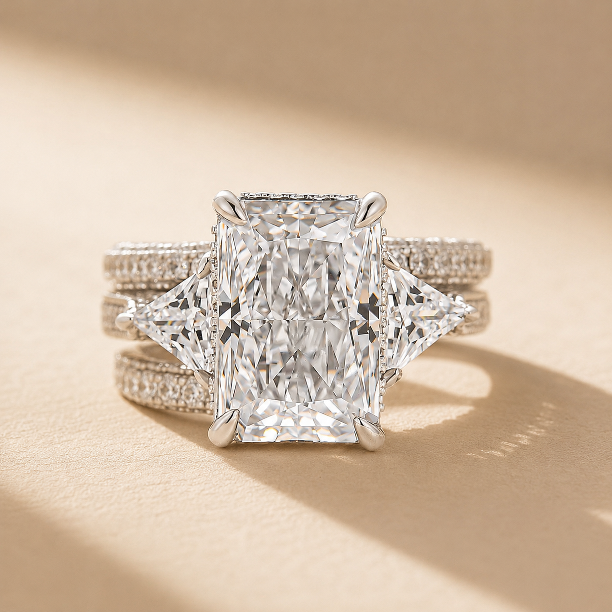 S925 3PC Hidden Halo 5.0Ct Radiant Cut Three Stone Stackable Statement Ring Sets