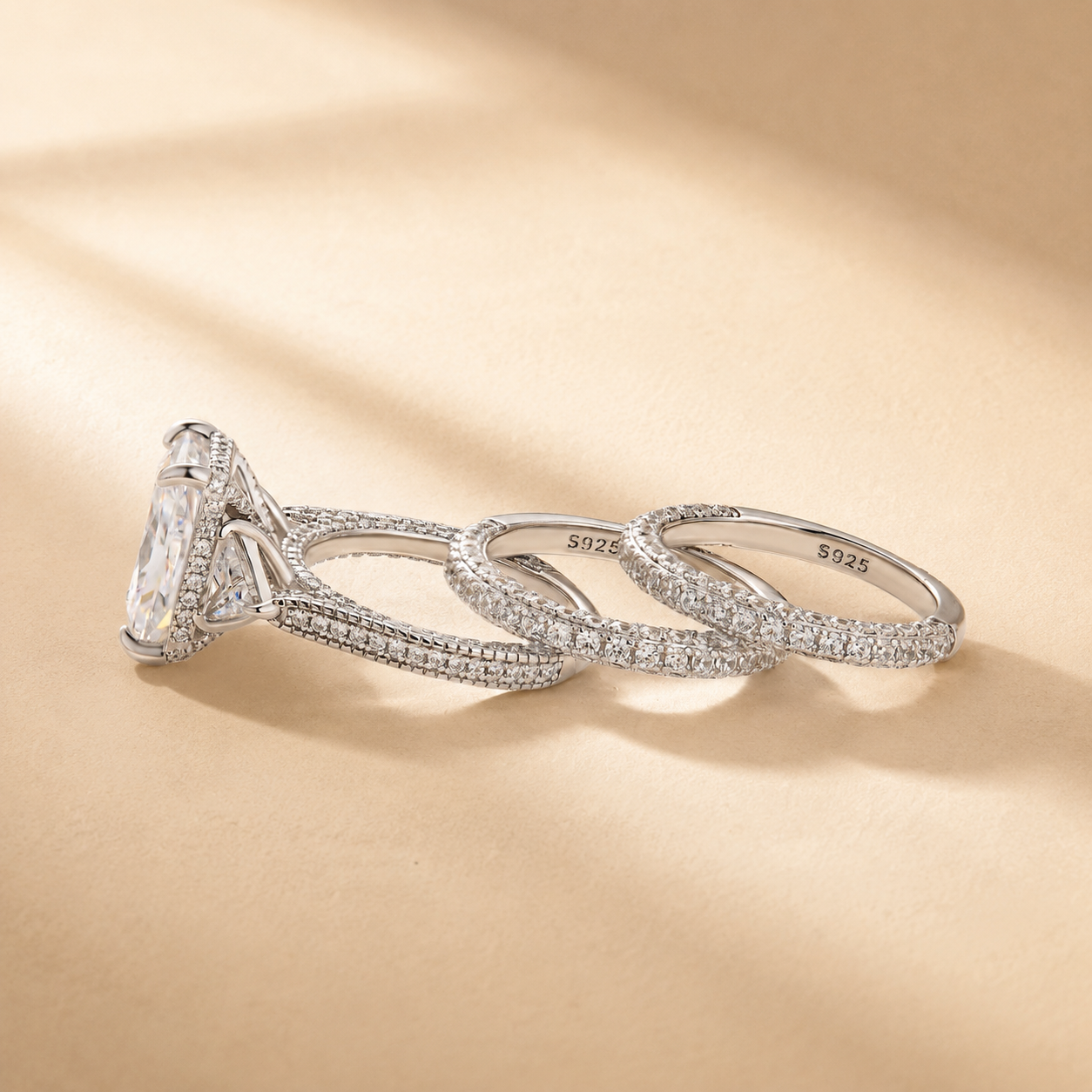 S925 3PC Hidden Halo 5.0Ct Radiant Cut Three Stone Stackable Statement Ring Sets