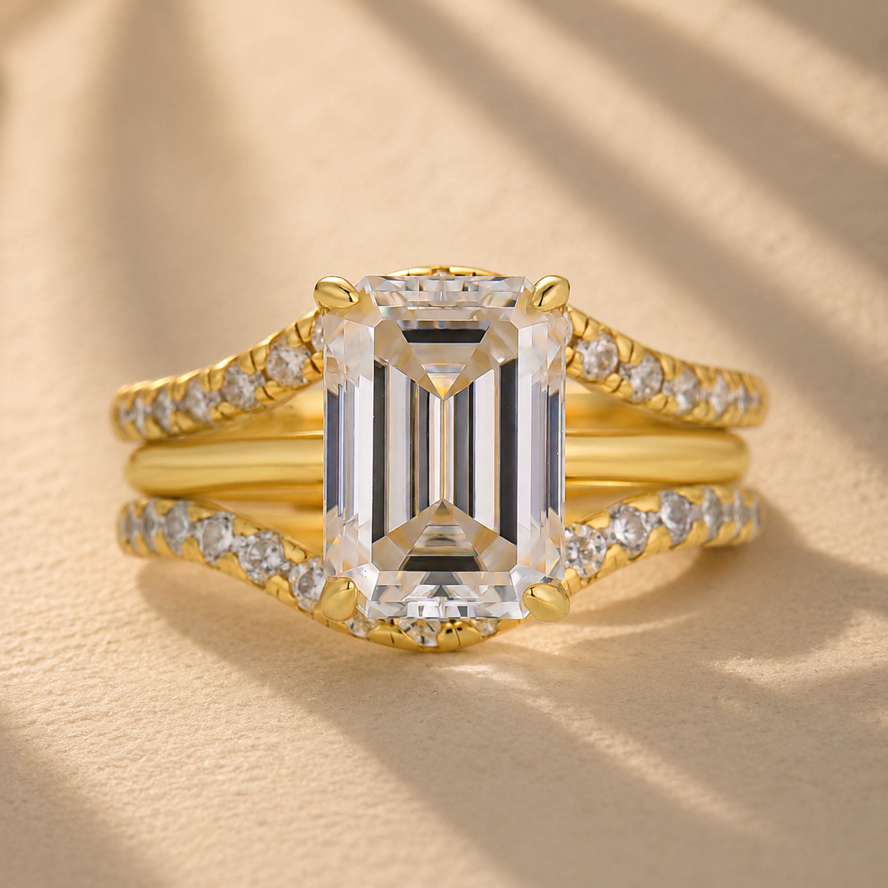 S925 3PC Solitaire 4.5Ct Emerald Cut Unique Curve Stackable Ring Sets For Women