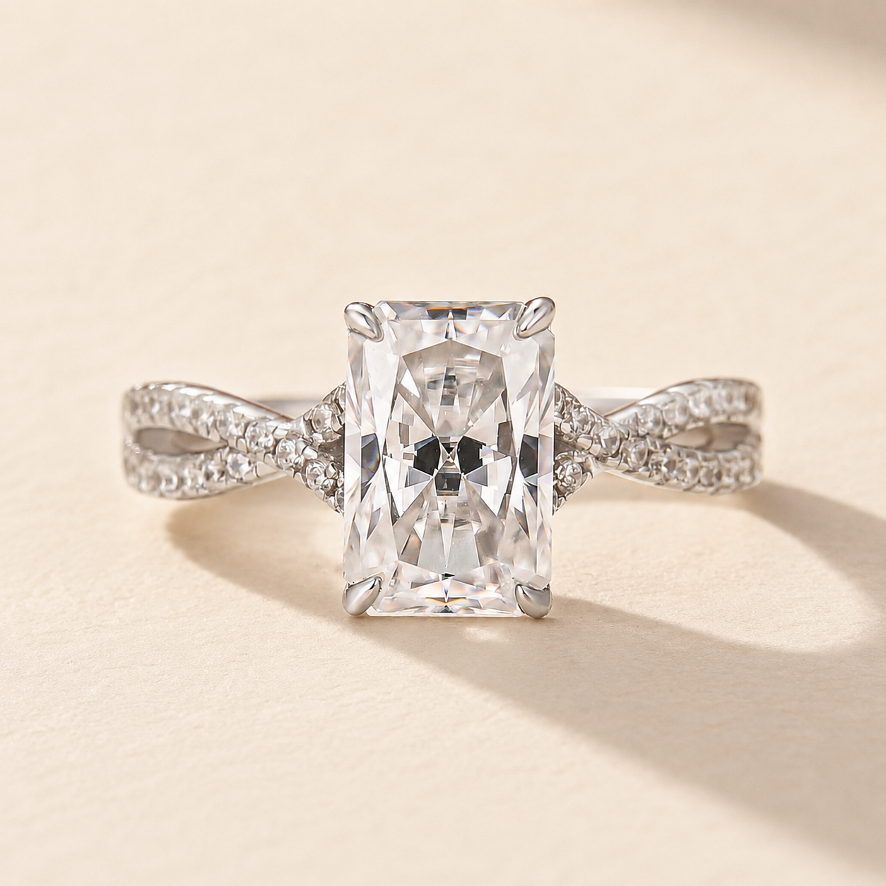 Moissanite 2.5Ct Radiant Cut Twist Hidden Halo Self‑Gift Ring In Sterling Silver