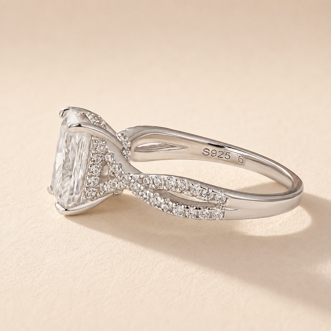 Moissanite 2.5Ct Radiant Cut Twist Hidden Halo Self‑Gift Ring In Sterling Silver