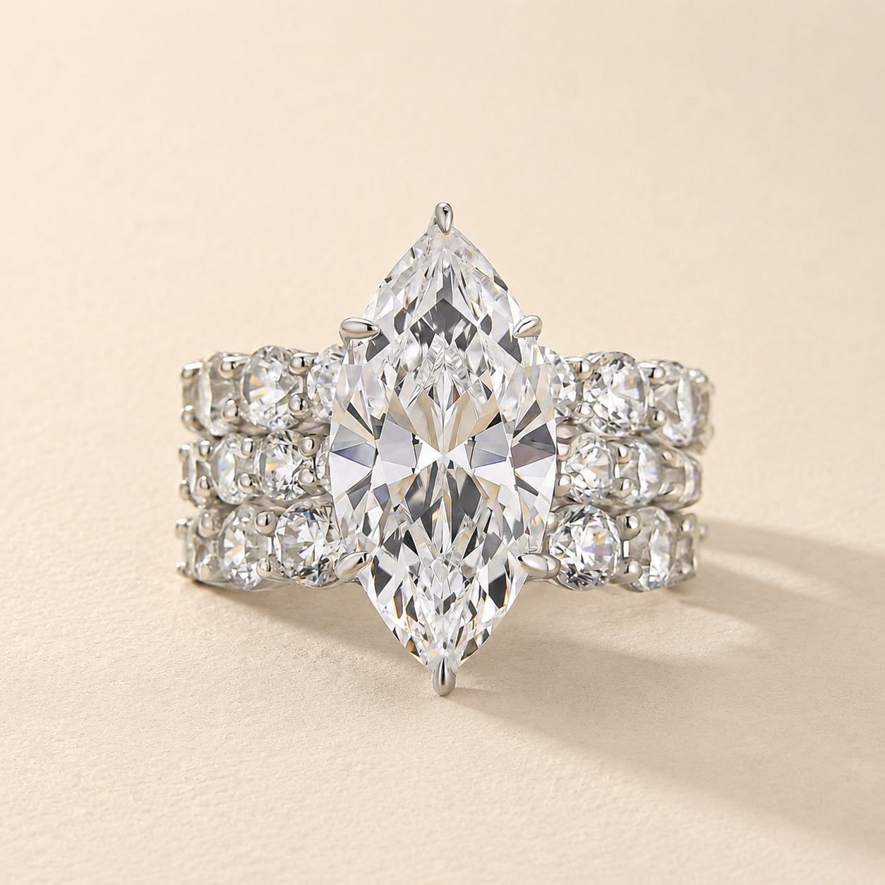 S925 3PC 6.0Ct Marquise Cut Side Stone Stackable Statement Ring Sets For Everyday Outfit