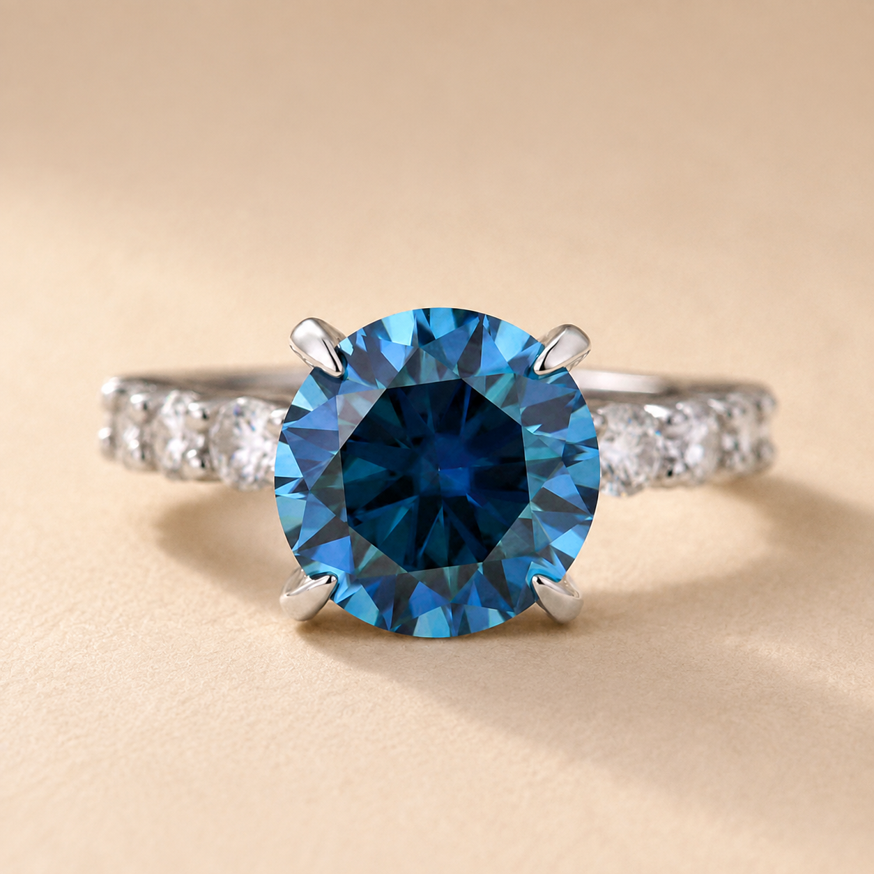 S925 Moissanite 4.0Ct Green/Blue Round Cut Gold Plated Engagement Ring For Everyday Wear