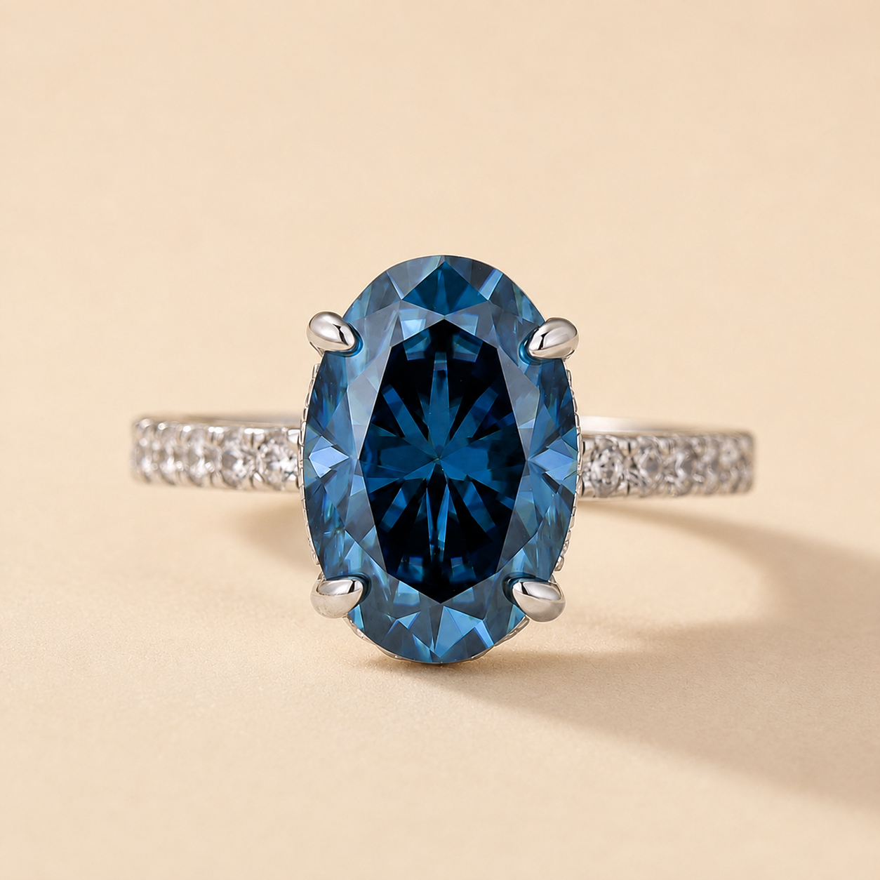 S925 Moissanite 4.0Ct Oval Cut Turquoise/Champagne/Blue Hidden Halo Two-Tone Engagement Ring