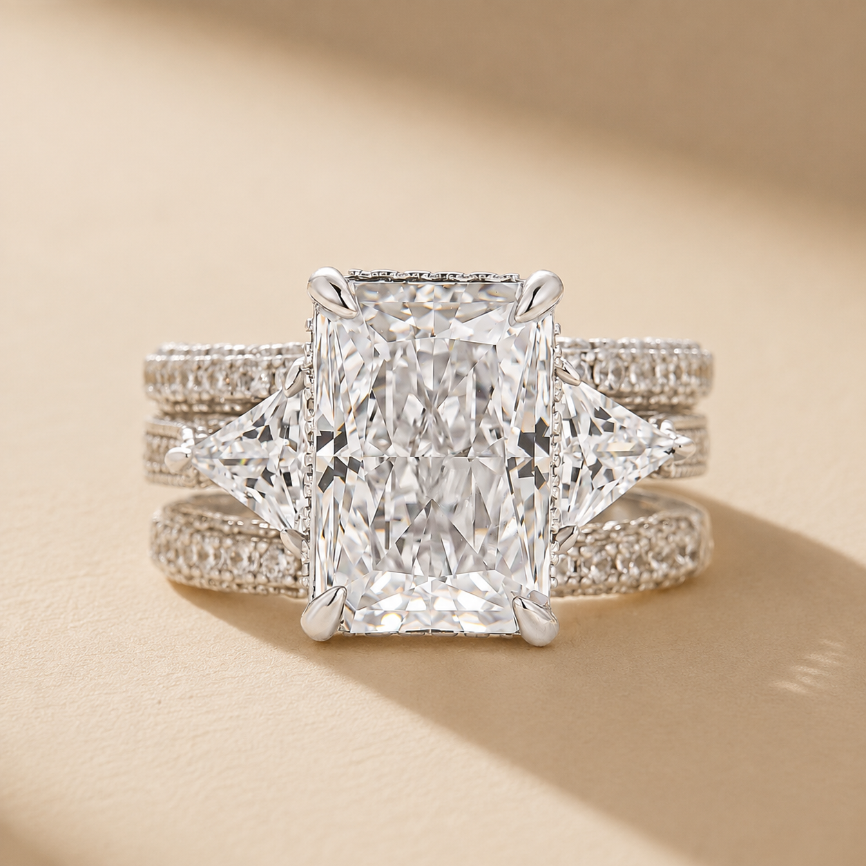 S925 3PC Hidden Halo 5.0Ct Radiant Cut Three Stone Stackable Statement Ring Sets