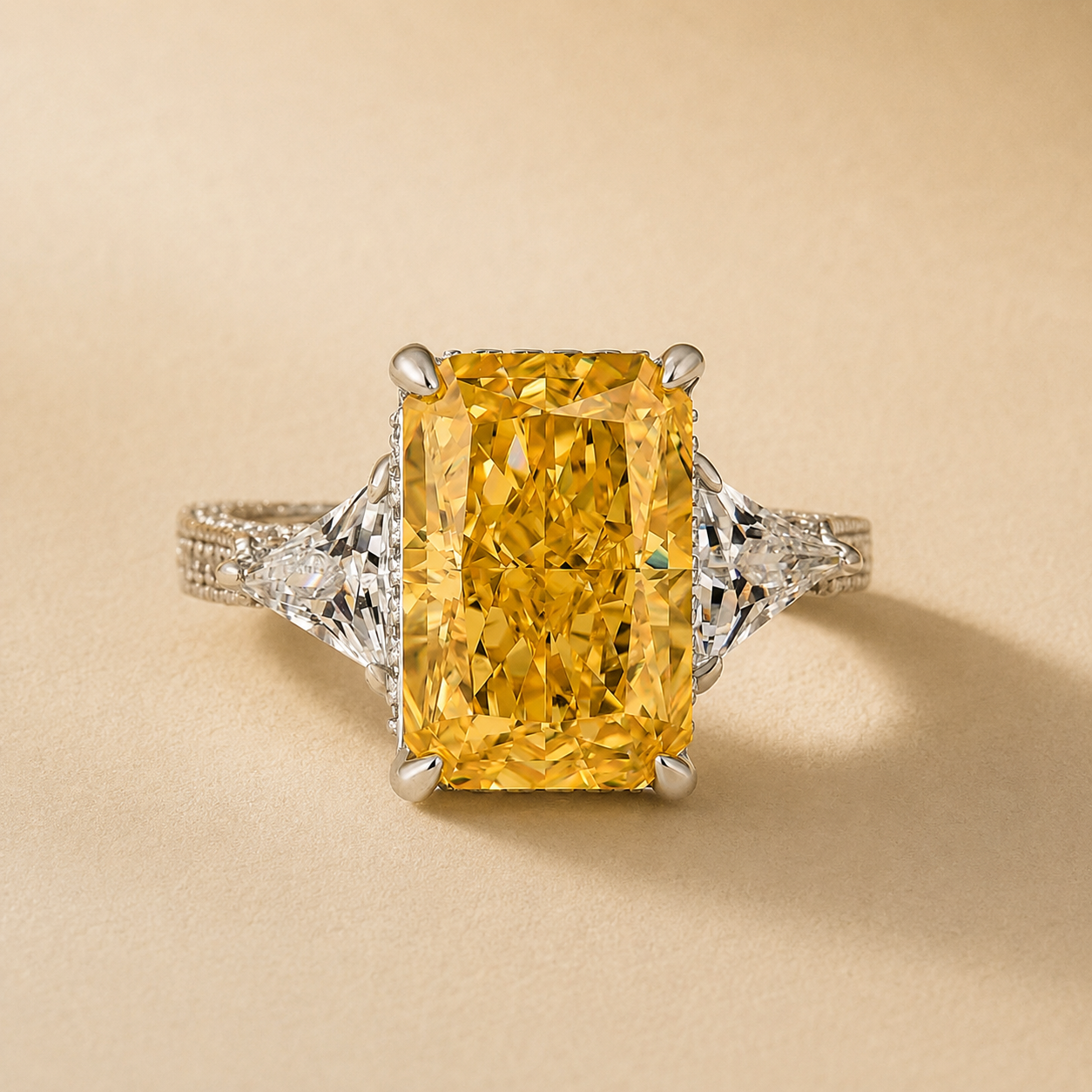 S925 5.0Ct Radiant Cut Three Stone Yellow Stone Hidden Halo Engagement Ring