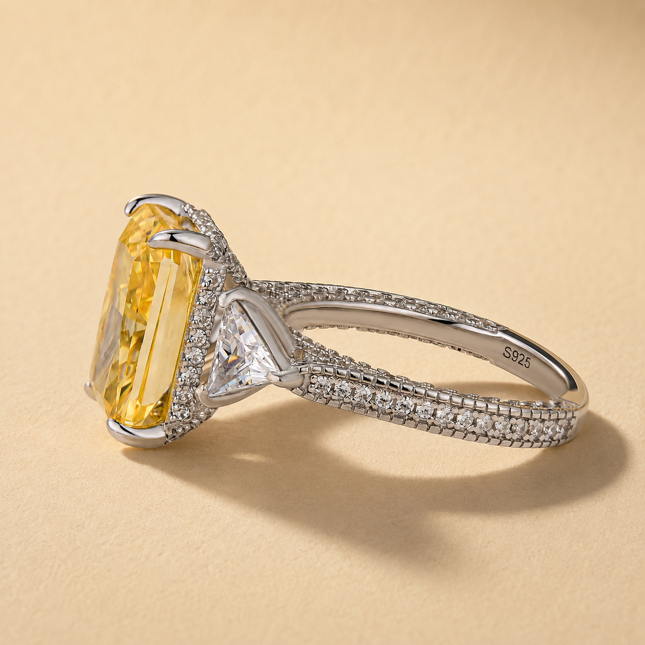 S925 5.0Ct Radiant Cut Three Stone Yellow Stone Hidden Halo Engagement Ring