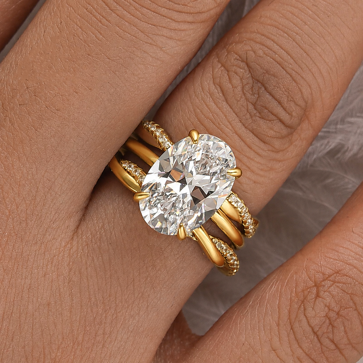 S925 3PC 5.5Ct Solitaire Oval Cut Ring & Twist Eternity Wedding Band Statement Ring Sets