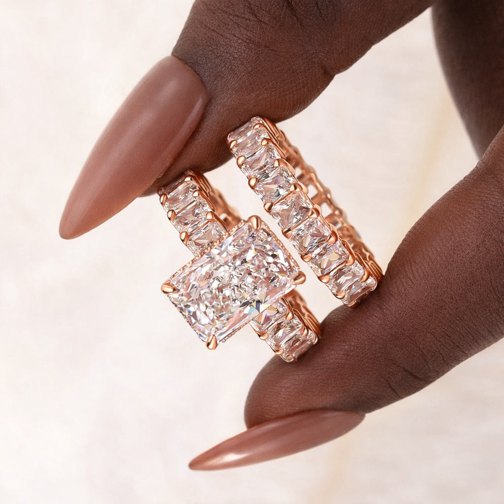 5.0Ct Luxe Radiant Cut Engagement Ring Travel Ring With Radiant Cut Wedding Band - louilyjewelry