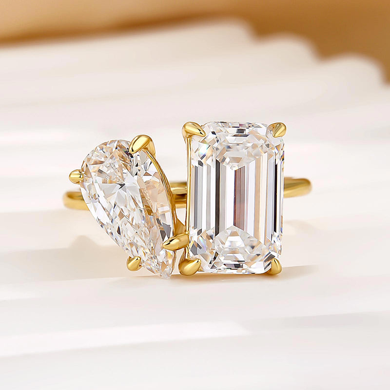 Louily Unique Double Stones Design Emerald Cut & Pear Cut Engagement Ring In Sterling Silver - louilyjewelry