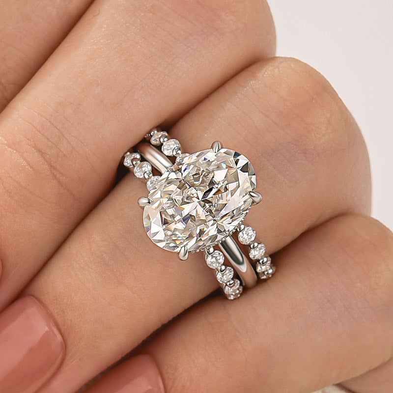 Moissanite 5.5Ct Hidden Halo Oval Cut Engagement Ring with 1.5 Ct Round Cut White Gold Anniversary Ring