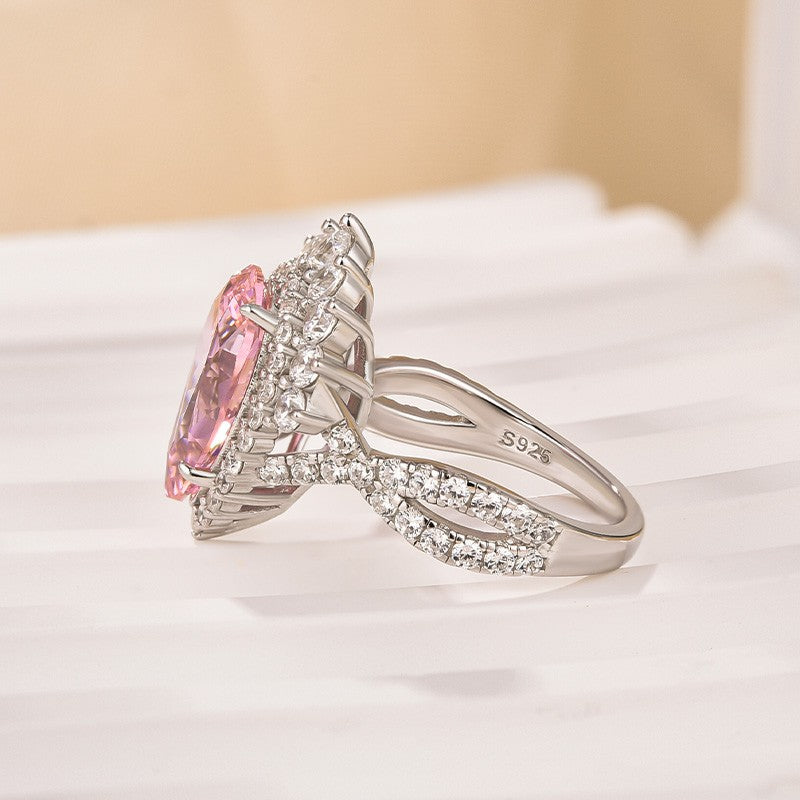 Vintage 4.0Ct Pink Stone Halo Pear Cut Twist Engagement Ring In Sterling Silver - louilyjewelry
