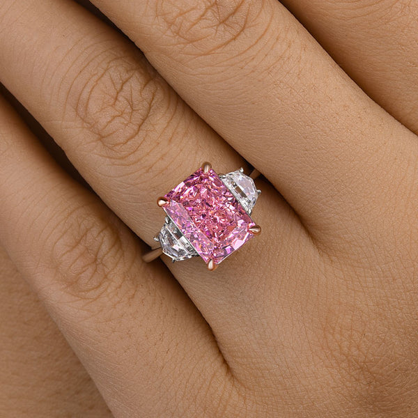 Louily Gorgeous Pink Stone Radiant Cut Three Stone Engagement Ring