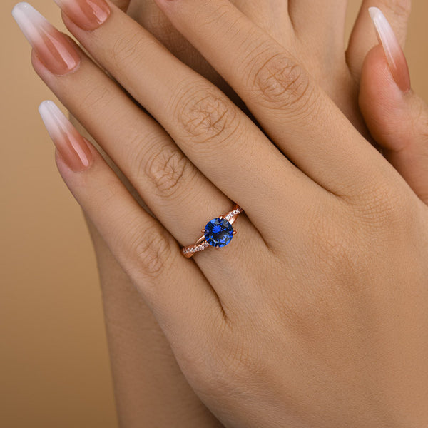 Louily Rose Gold Twist 1.25 Carat Blue Sapphire Round Cut Promise Ring For Her In Sterling Silver