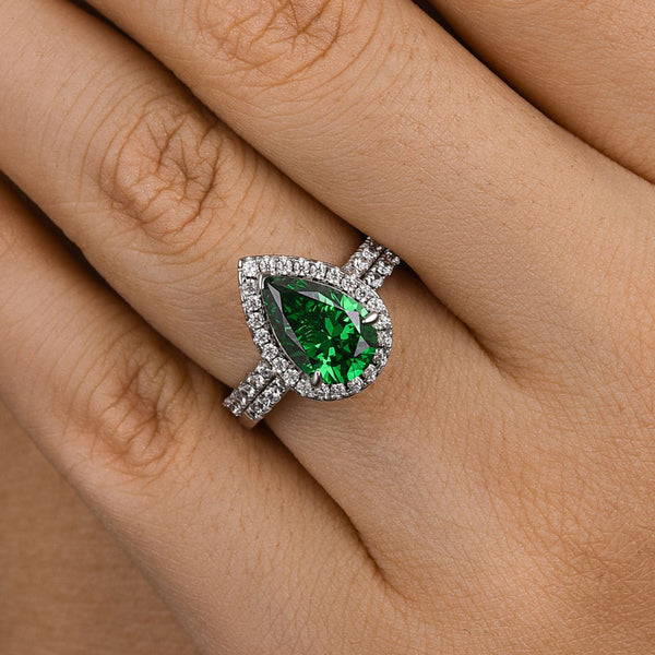 Louily 2.2 Carat Emerald Green Halo Pear Cut Wedding Set In Sterling Silver