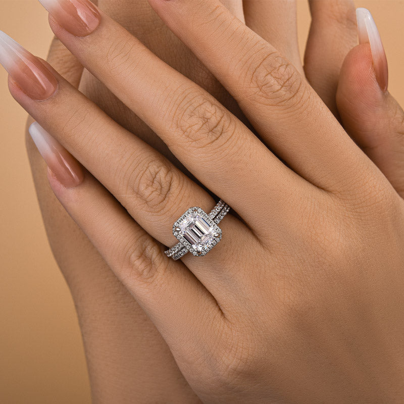 Louily Halo Emerald Cut Wedding Ring Set In Sterling Silver - louilyjewelry