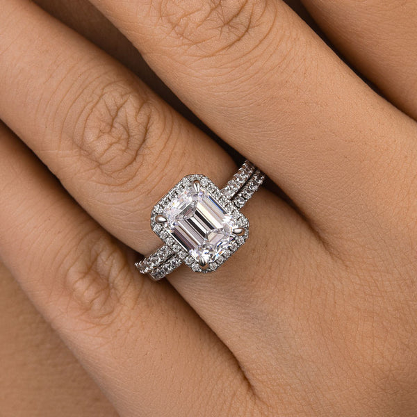 Louily Halo Emerald Cut Wedding Ring Set In Sterling Silver