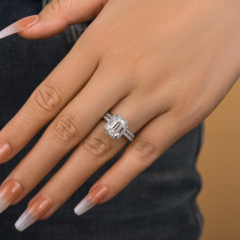 Louily Halo Emerald Cut Wedding Ring Set In Sterling Silver - louilyjewelry
