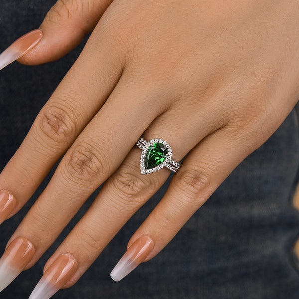 Louily 2.2 Carat Emerald Green Halo Pear Cut Wedding Set In Sterling Silver