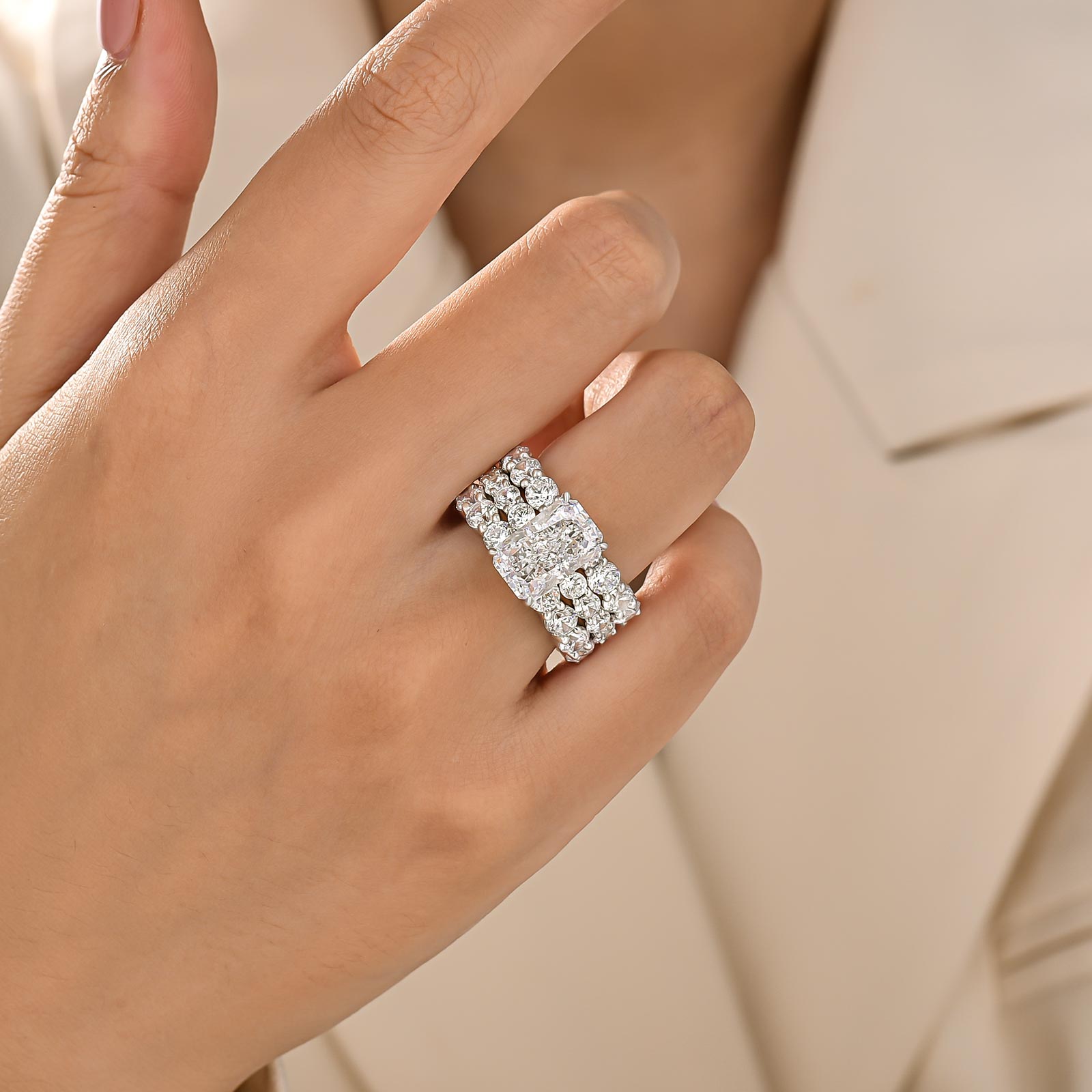 S925 3PC 4.0Ct Radiant Cut Engagement Ring & Round Cut Eternity Wedding Bands