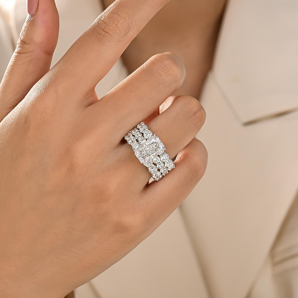 S925 3PC 4.0Ct Radiant Cut Engagement Ring & Round Cut Eternity Wedding Bands