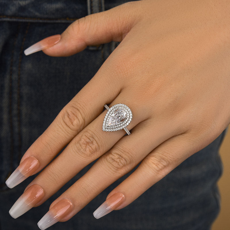 Louily Double Halo Pear Cut Engagement Ring In Sterling Silver - louilyjewelry