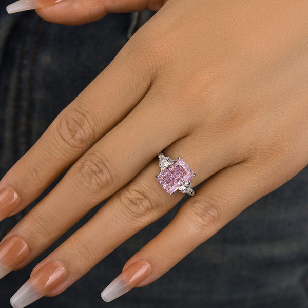 Louily Pink Stone Radiant Cut Three Stone Engagement Ring