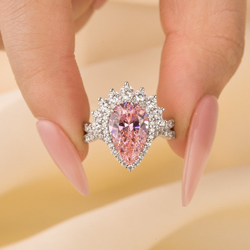 Vintage 4.0Ct Pink Stone Halo Pear Cut Twist Engagement Ring In Sterling Silver - louilyjewelry