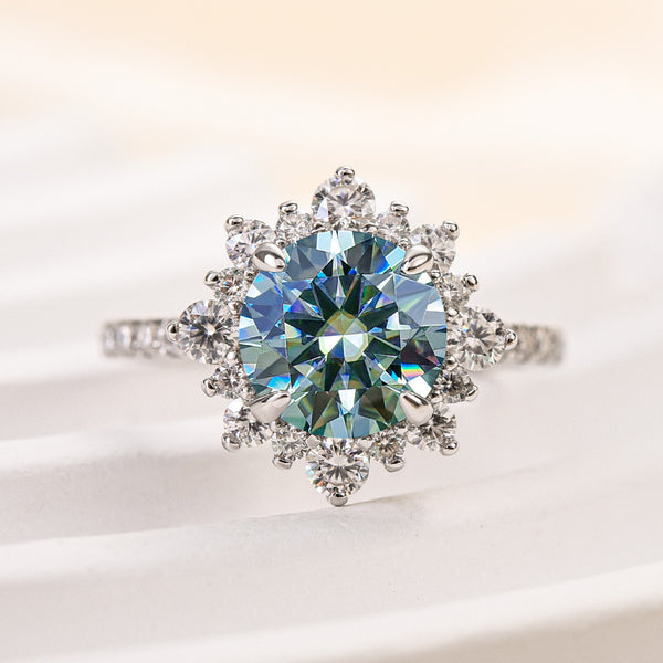 Louily Snowflake Design Halo Round Cyan Blue Moissanite Stone Engagement Ring In Sterling Silver