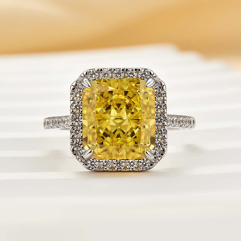 Louily Halo Yellow Stone 5.0Ct Radiant Cut Engagement Ring In Sterling Silver - louilyjewelry