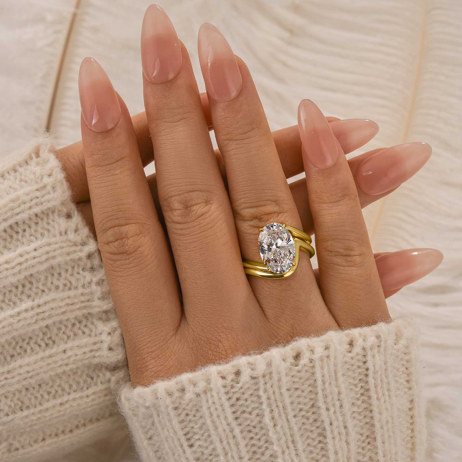 2PC Wedding Sets 4.5Ct Oval Cut Yellow Gold Solitaire Engagement Ring with Curved Wedding Band