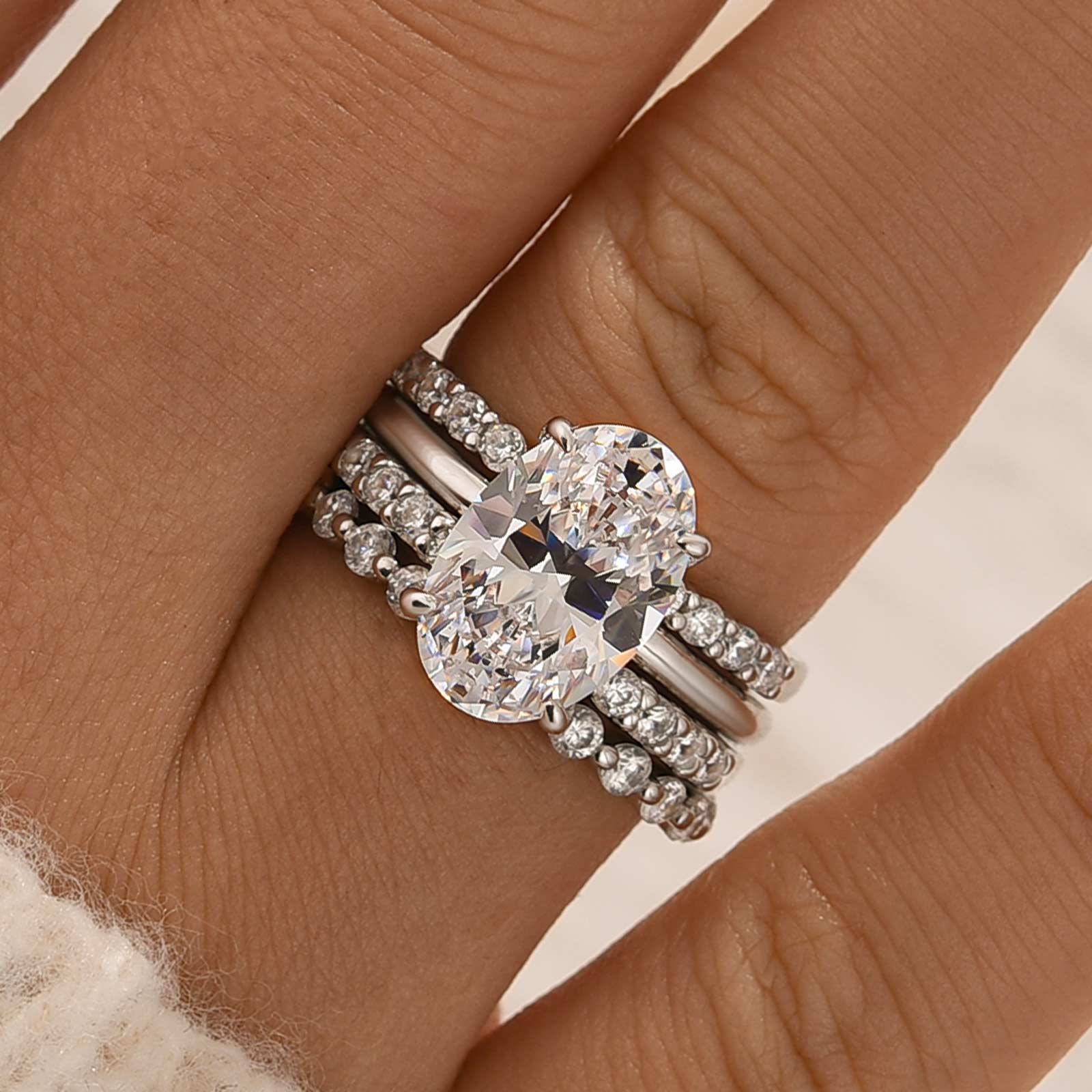 Louily 4PC Oval Cut Wedding Ring Set With Open Wedding Band