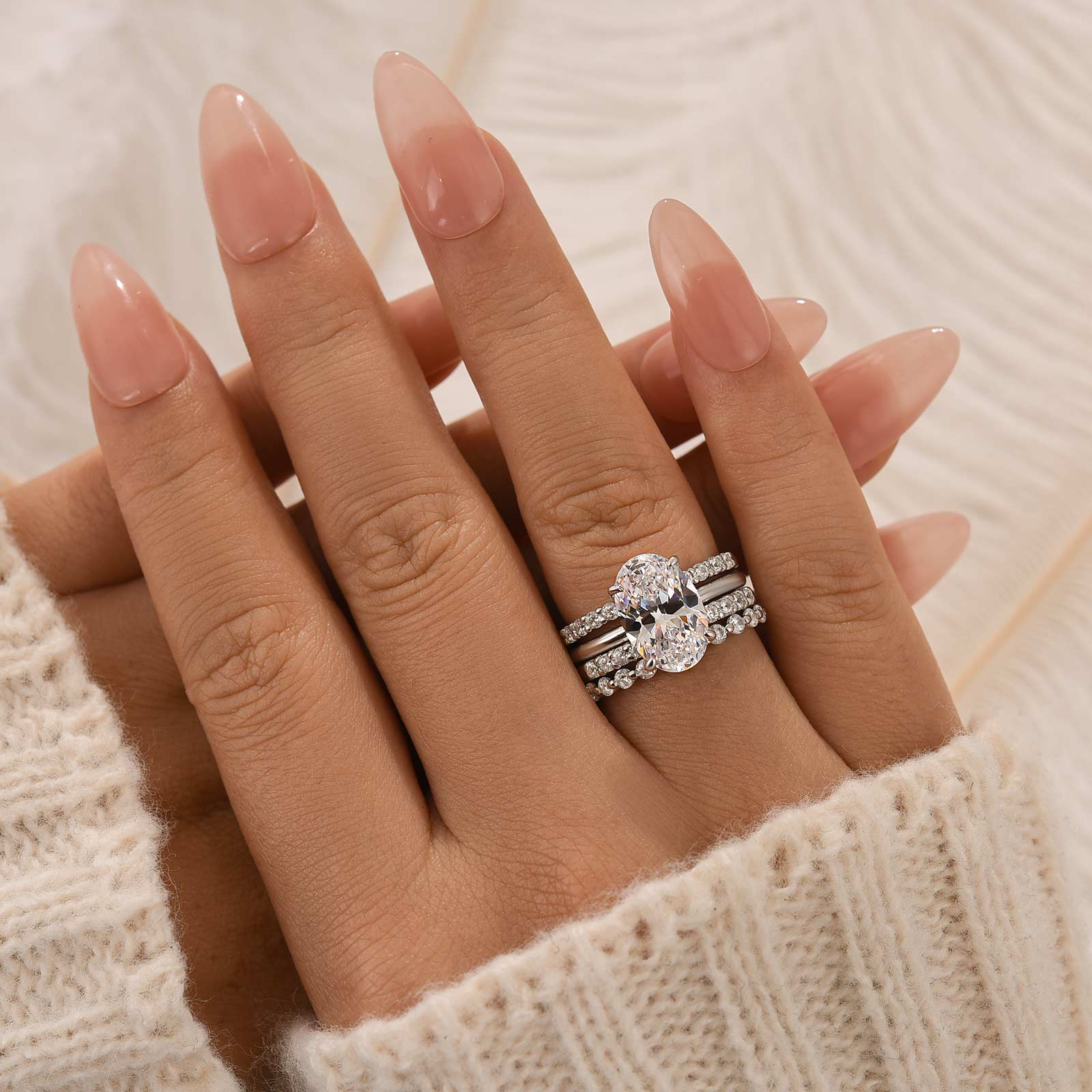 Louily 4PC Oval Cut Wedding Ring Set With Open Wedding Band