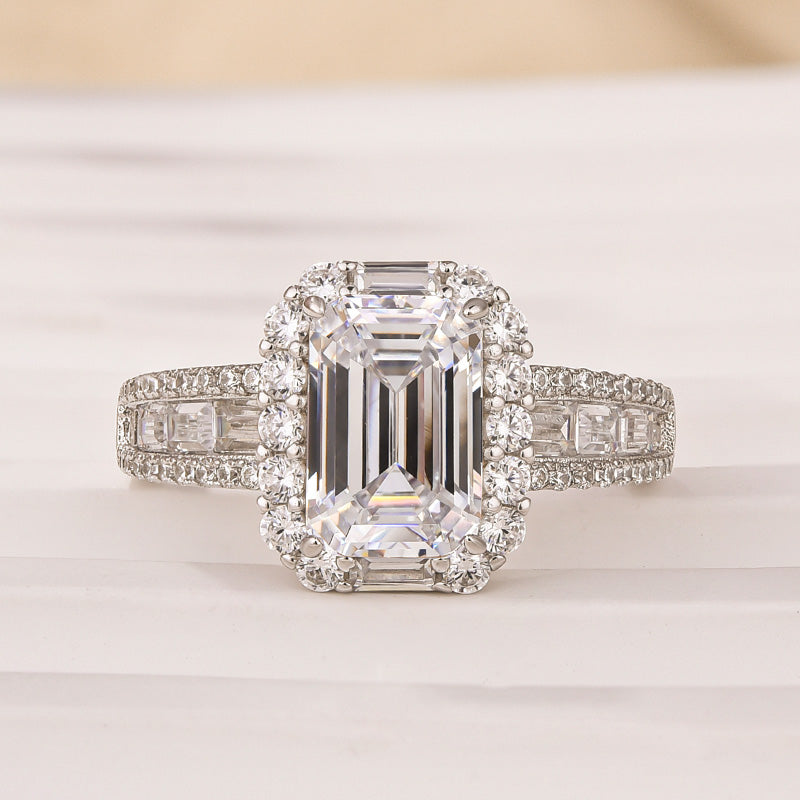 Luxurious Halo Emerald Cut Engagement Ring In Sterling Silver - louilyjewelry