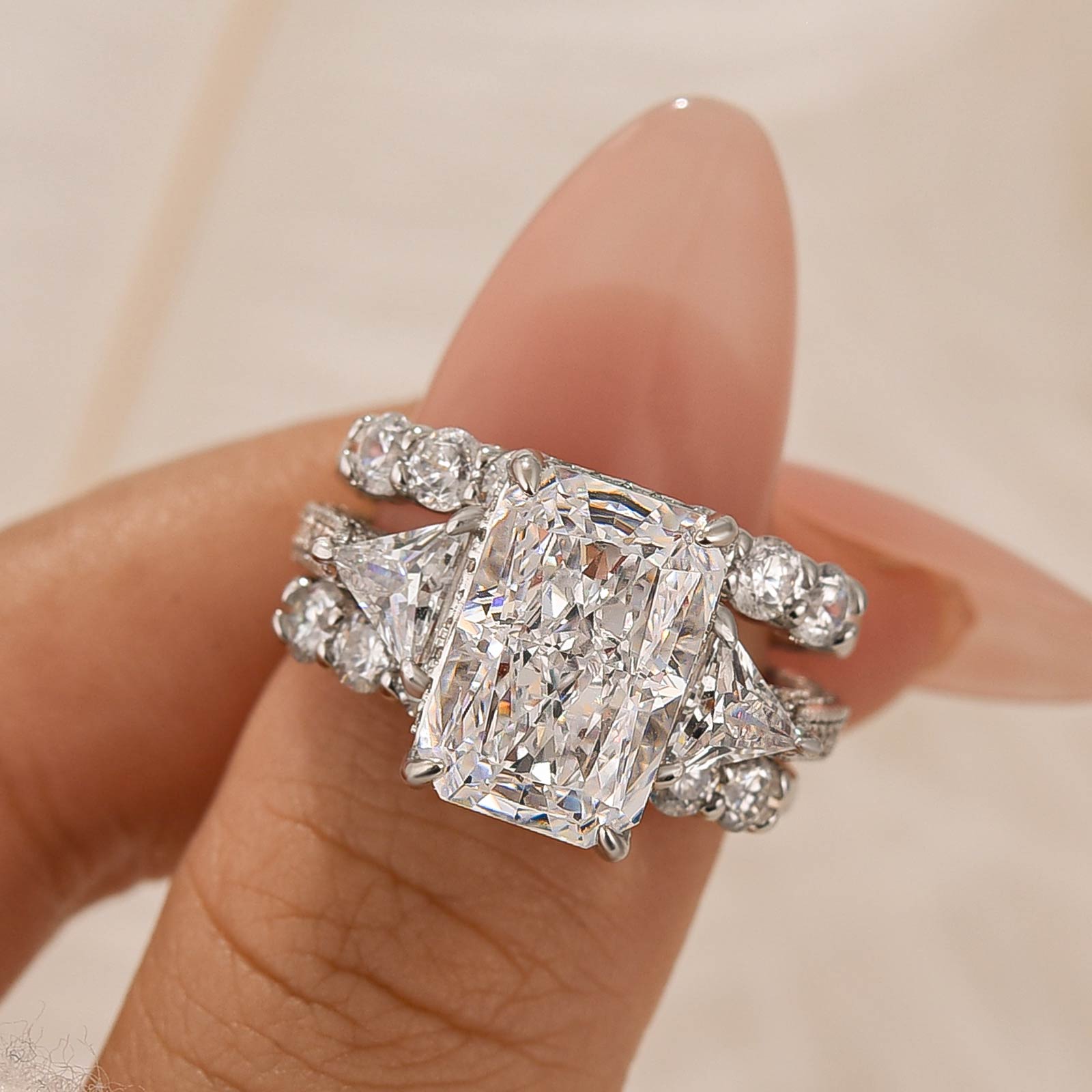 3PC Wedding Ring Set 5.0Ct Radiant Cut White Gold Side Stone Engagement Rings With 2PC Pavé Wedding Band