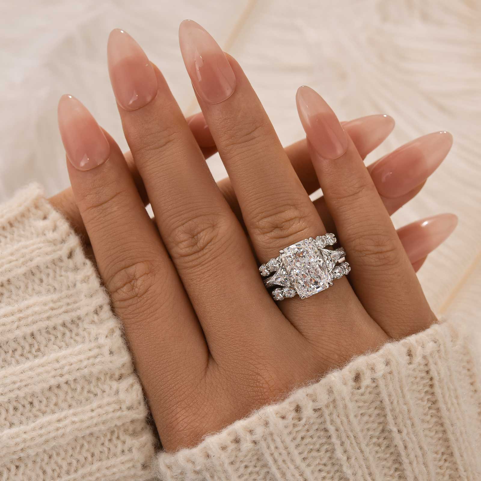 3PC Wedding Ring Set 5.0Ct Radiant Cut White Gold Side Stone Engagement Rings With 2PC Pavé Wedding Band