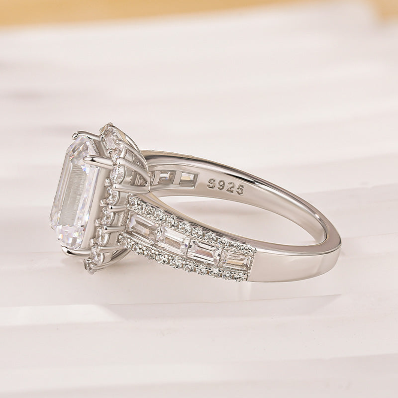 Luxurious Halo Emerald Cut Engagement Ring In Sterling Silver - louilyjewelry
