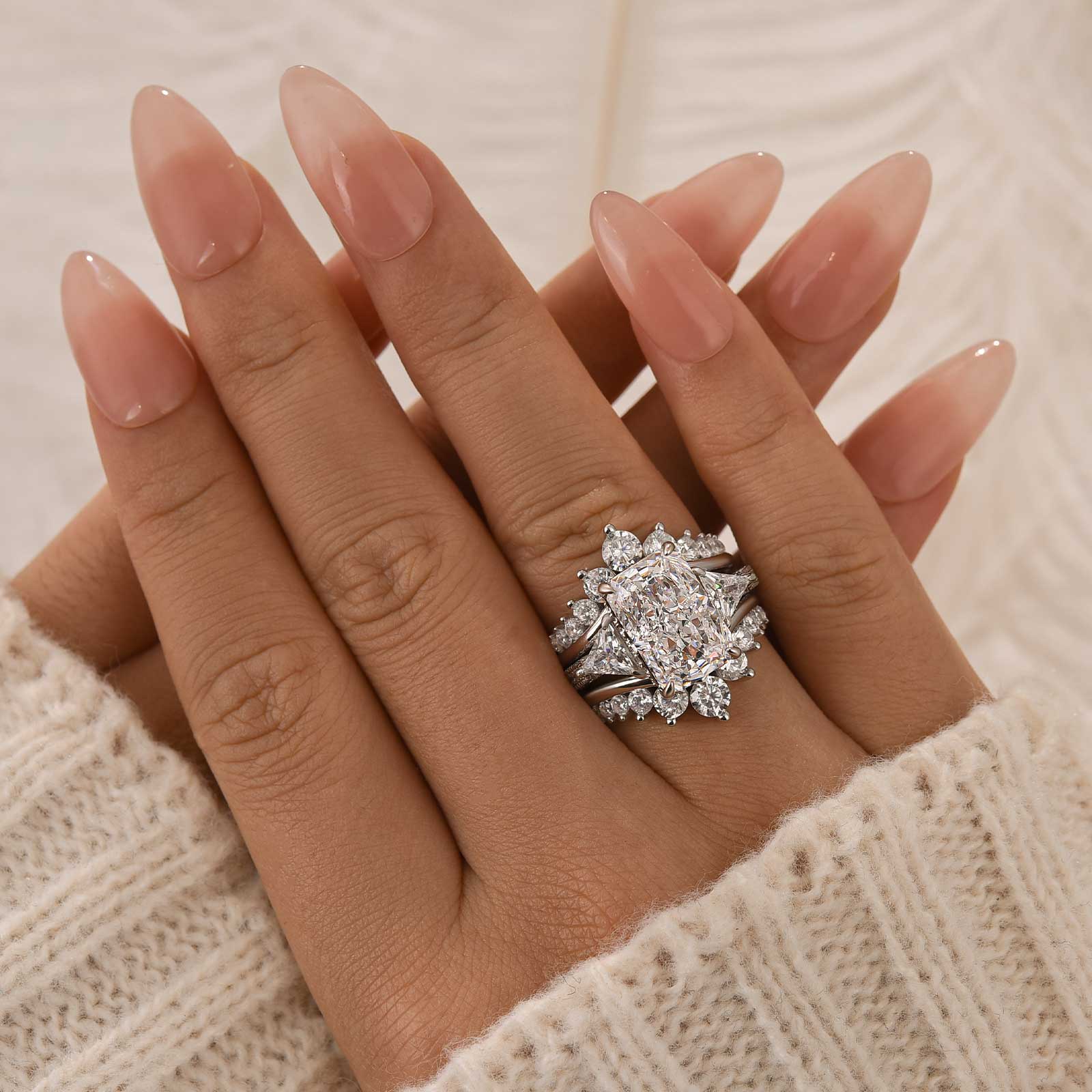 2PC Wedding Ring Set 5.0Ct Radiant Cut White Gold Side Stone Engagement Rings With Pavé Jacket Wedding Band