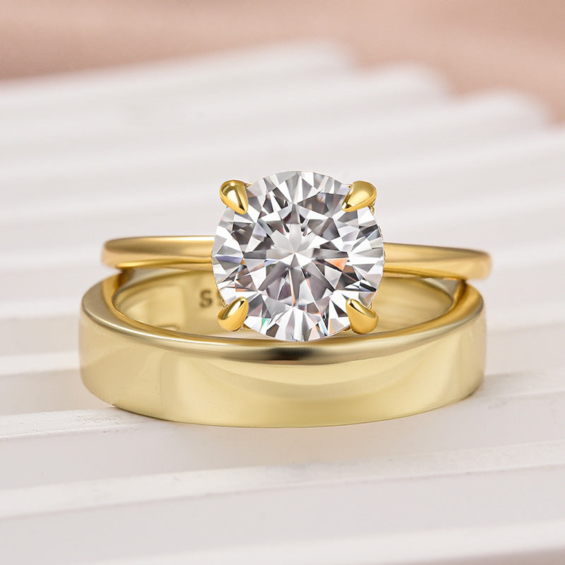 Louily Moissanite 2.0 Carat Round Cut Yellow Gold Wedding Ring Set With Wide Wedding Band - louilyjewelry