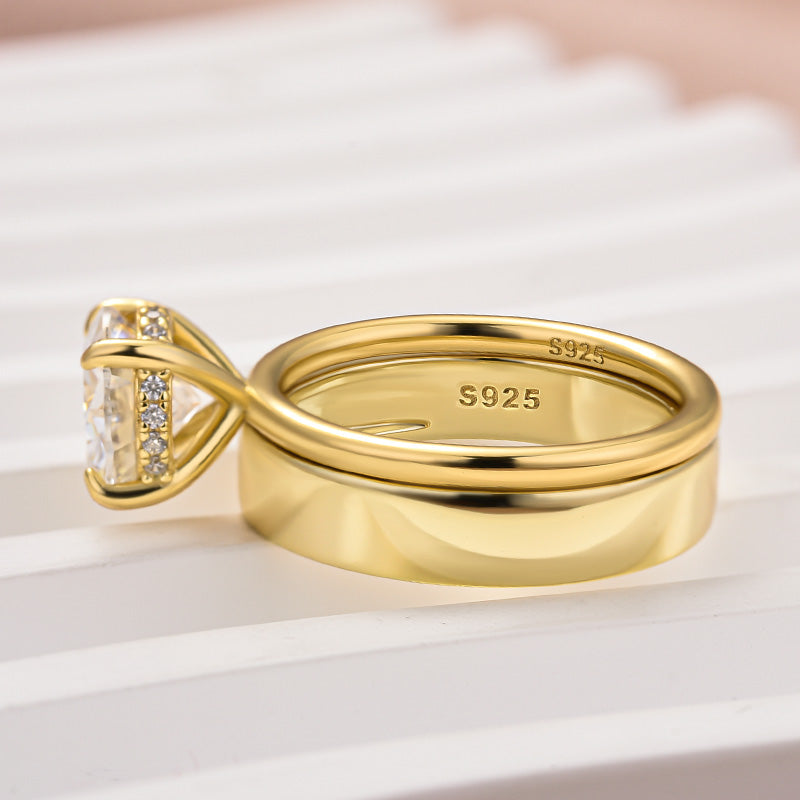 Louily Moissanite 2.0 Carat Round Cut Yellow Gold Wedding Ring Set With Wide Wedding Band - louilyjewelry