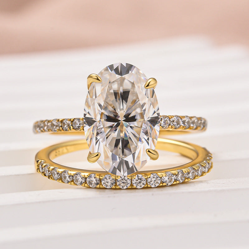 S925 4.0 Carat Oval Cut Wedding Ring Set With Hidden Halo Promise Ring Classic Half Wedding Band