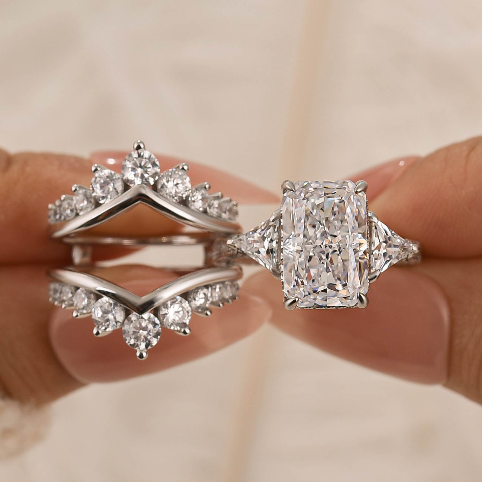 2PC Wedding Ring Set 5.0Ct Radiant Cut White Gold Side Stone Engagement Rings With Pavé Jacket Wedding Band