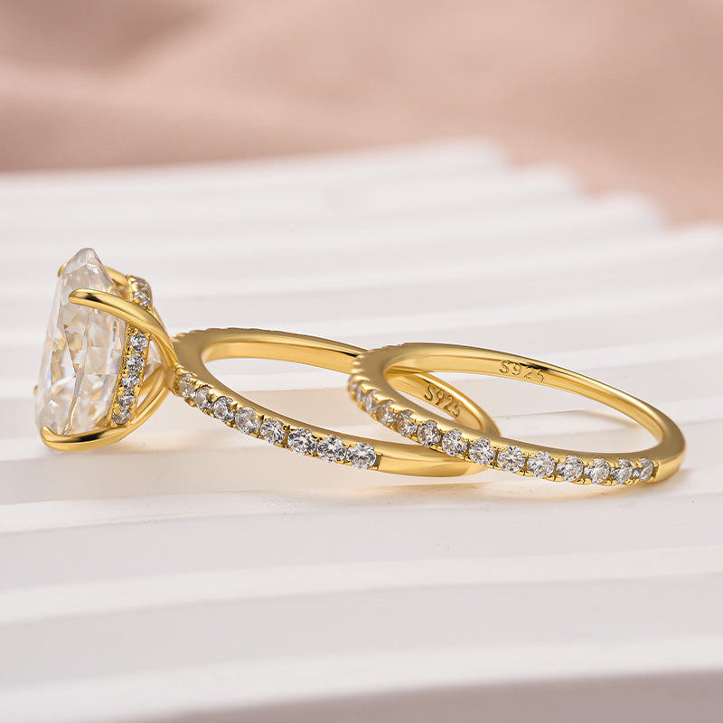 S925 4.0 Carat Oval Cut Wedding Ring Set With Hidden Halo Promise Ring Classic Half Wedding Band