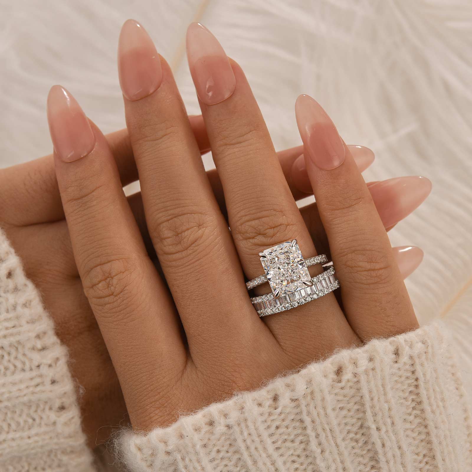 2PC Wedding Ring Set 5.0Ct Radiant Cut White Gold Pavé Engagement Rings With Emerald Cut Wedding Band