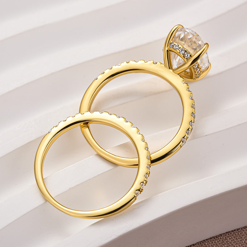 S925 4.0 Carat Oval Cut Wedding Ring Set With Hidden Halo Promise Ring Classic Half Wedding Band