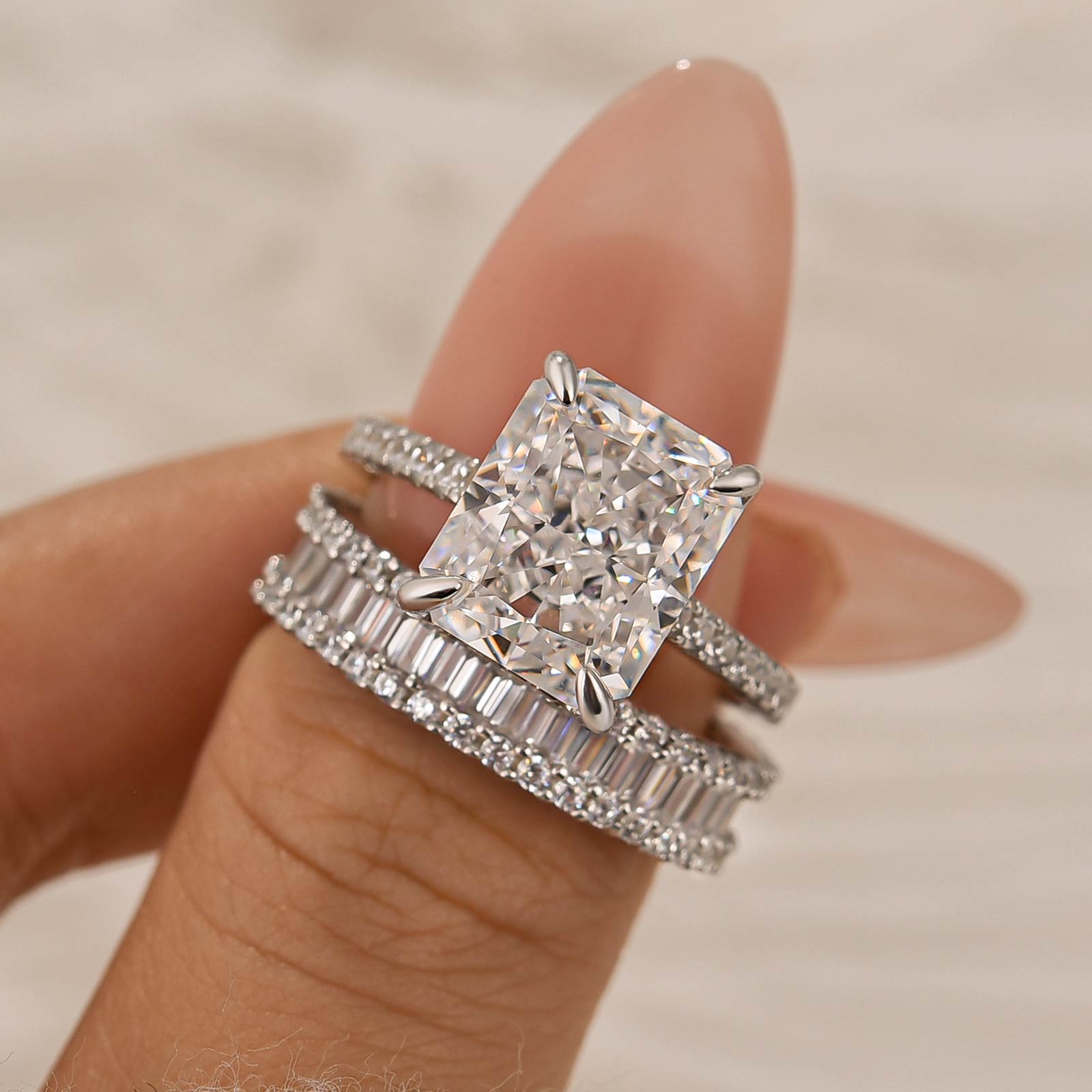 2PC Wedding Ring Set 5.0Ct Radiant Cut White Gold Pavé Engagement Rings With Emerald Cut Wedding Band