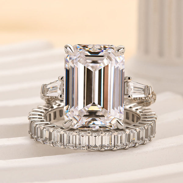 Louily Unique Emerald Cut Wedding Ring Set In Sterling Silver